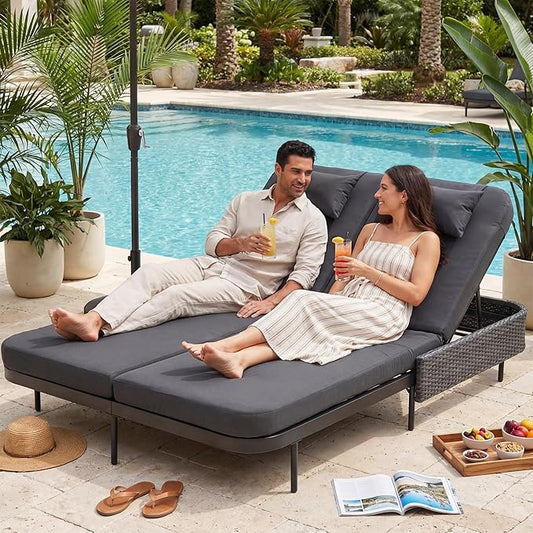 RADIATA 51.2" Outdoor Loveseat Sofa Bed, PE Wicker Patio Daybed with 2-Person Double Chaise Lounge, Independent 5-Position Adjustable Backrest, All-Weather Poolside Furniture