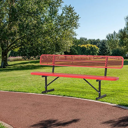 8 Ft Metal Park Bench for Outside, All-Weather Thermoplastic Coating Outdoor Bench with Backrest, Commercial Heavy Duty Benches for Shopping Malls, Stores, Parks, Patios, Decks,Red