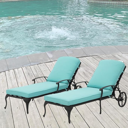 Chaise Lounge Outdoor Chair with Wheels, Adjustable Reclining Rust-Resistant Aluminum Cast Poolside Chaise Lounge Furniture Set of 2, Waterproof Blue Cushion