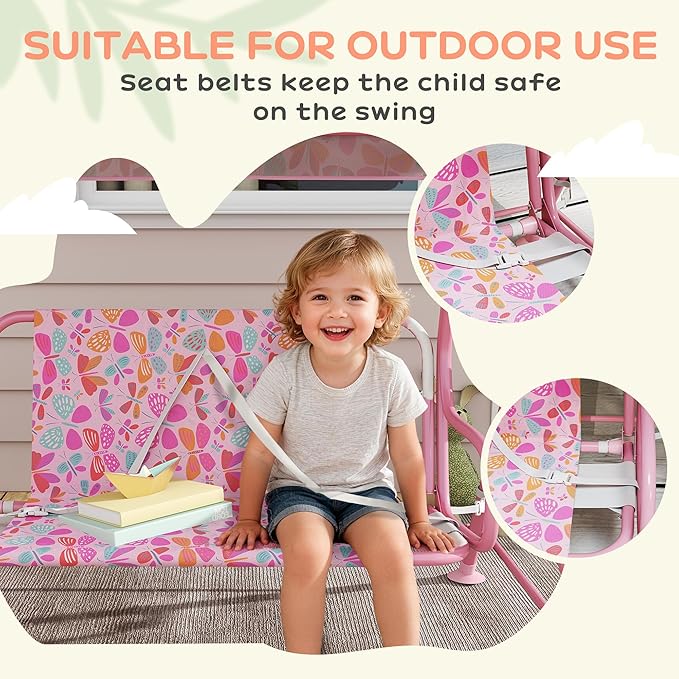 Qaba Kids Patio Swing, 2-Seater Outdoor Porch Swing Chair with Adjustable Canopy, Safety Belt - Photo 6