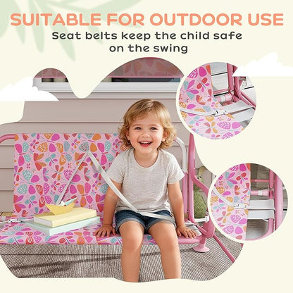 Qaba Kids Patio Swing, 2-Seater Outdoor Porch Swing Chair with Adjustable Canopy, Safety Belt, Pink Butterfly Pattern Hanging Swing Bench for Garden, Backyard, Pink