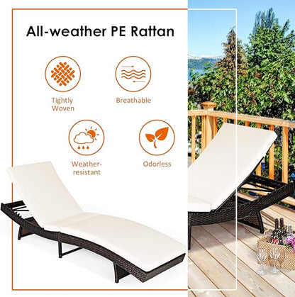 Tangkula Outdoor Chaise Lounger, Rattan Patio Lounge Chair with Removable Thick Cushion, 5 Adjustable Levels, Leisure Reclining Wicker Chair for Garden, Pool Side, Balcony (2, White)