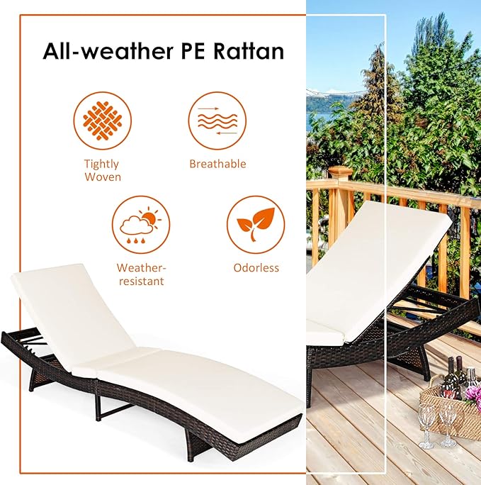 Tangkula Outdoor Folding Chaise Lounger, Rattan Patio Lounge Chair with Removable Thick Cushion, 5 Adjustable Levels - Photo 8