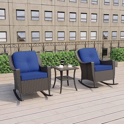 3 Pieces Patio Furniture Set, 2 High Back Rattan Rocking Chairs and Side Table, Outdoor PE Wicker Furniture Set, All Weather Patio Set with Waterproof Cushion for Porch and Deck