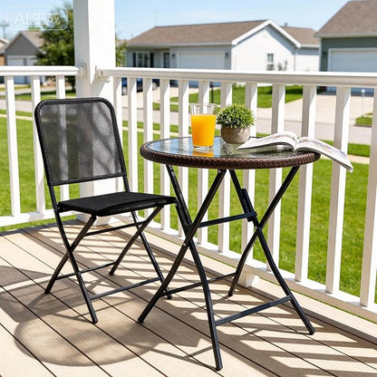 VINGLI 23.6in Modern Brown Rattan Folding Glass Outdoor Side Table, Small Patio Table with Tempered Glass Top,Round,1 Pack