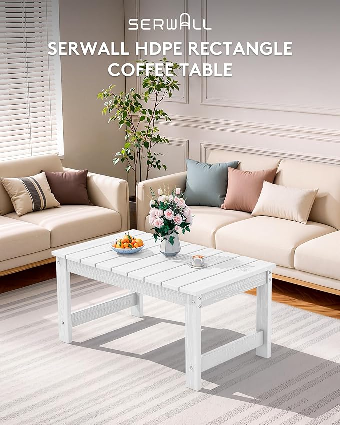 SERWALL Outdoor Coffee Table with 1.69" Umbrella Hole, HDPE Patio Coffee Table for Outside, Rectangle, White - Photo 6