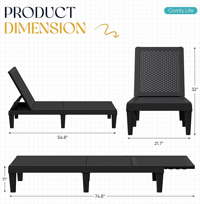 Greesum Outdoor Chaise Lounge Chairs Set of 4 with 5-Position Adjustable Backrest, Waterproof PP Sun Loungers for Garden Pool Beach Patio Deck Sunbathing, Black