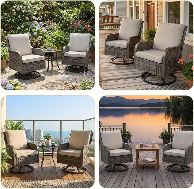 Loungewave Swivel PE Wicker Chair Set of 2, Outdoor High Back Swivel Patio Chairs, 360 Degree Outdoor Swivel Chair with Cushion, Patio Furniture for Porch Balcony Garden Poolside (Brown/Beige)