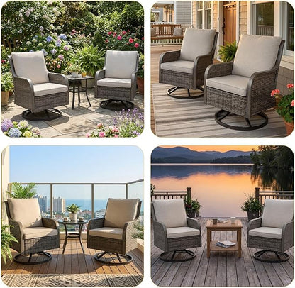 Loungewave Swivel PE Wicker Chair Set of 2, Outdoor High Back Swivel Patio Chairs, 360 Degree Outdoor Swivel Chair with Cushion, Patio Furniture for Porch Balcony Garden Poolside (Brown/Beige)