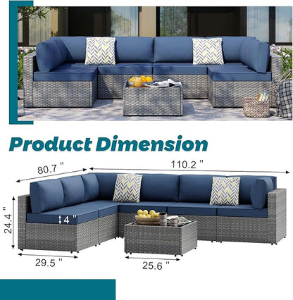 SUNLEI 7pcs Patio Conversation Sets Outdoor Furniture Sets, High Back All-Weather Rattan Sectional Sofa with Tea Table&Washable Couch Cushions(Silver Rattan) (Aegean Blue)