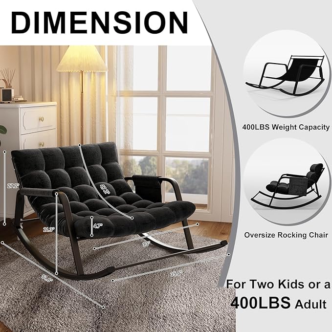 Indoor Outdoor Patio Rocking Chairs Set of 2, Papasan Rocking Chairs, Double Papasan Chair with Cushion, Oversized Modern Rocker Chairs for Living Room, Bedroom, Porch, Garden Black