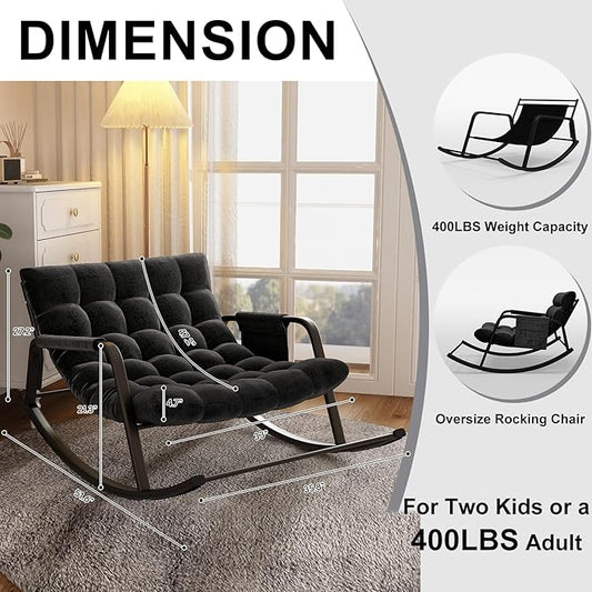 Indoor Outdoor Patio Rocking Chairs Set of 2, Papasan Rocking Chairs, Double Papasan Chair with Cushion, Oversized Modern Rocker Chairs for Living Room, Bedroom, Porch, Garden Black