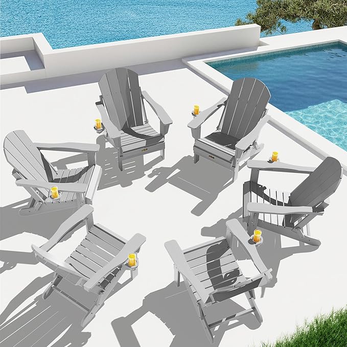 SERWALL Folding Adirondack Chair with Cup Holder for Patio Garden Outdoors Fire Pit- Spanish Gray - Photo 9