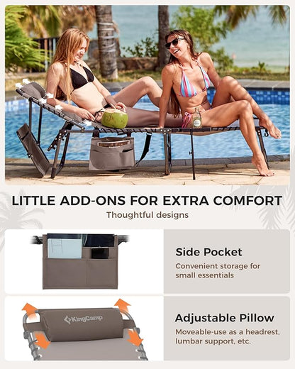 KingCamp Tanning Chair with Face Hole, Lounge Chairs Outdoor Folding Comfy Adjustable 5-Position Foldable Chaise Chaser with Canopy Shade for Outside Beach Patio Sun Bathing, Beige