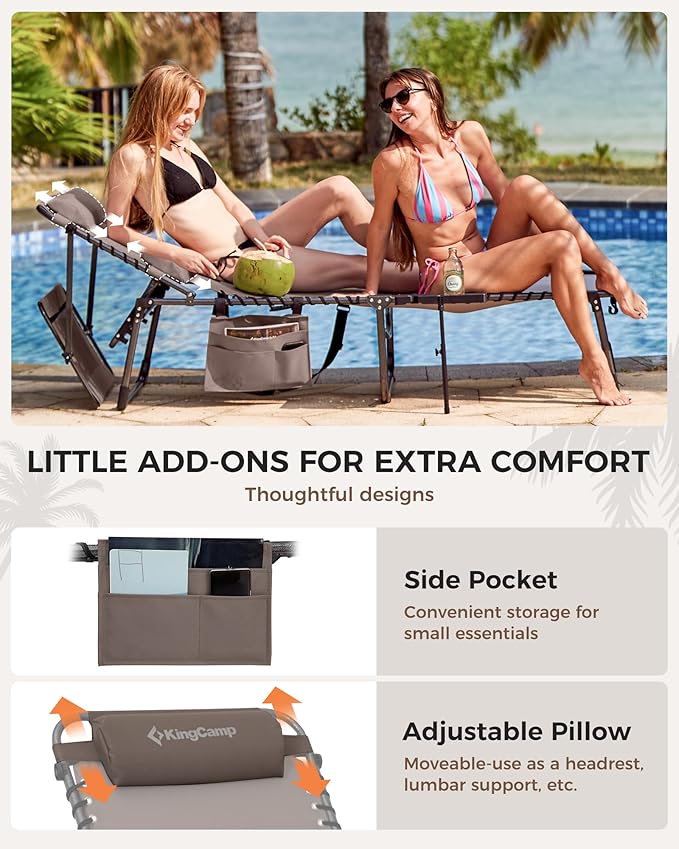 KingCamp 2 Pack Tanning Chair with Face Hole, Lounge Chairs Outdoor Folding Portable Comfy Adjustable 5-Position Foldable Chaise Chaser with Canopy Shade for Outside Beach, Beige