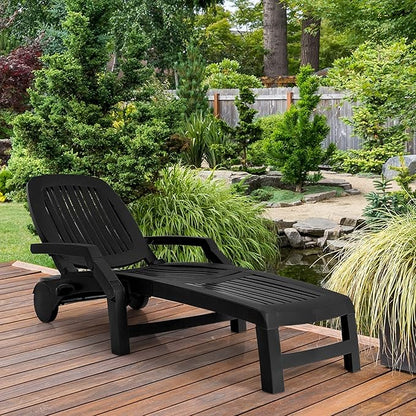 Tangkula Outdoor Chaise Lounge Chair, 5-Position Adjustable Recliner with Storage Box and Flexible Wheels, All-Weather Folding Patio Lounge Chair for Poolside, Beach and Backyard (2, Black)