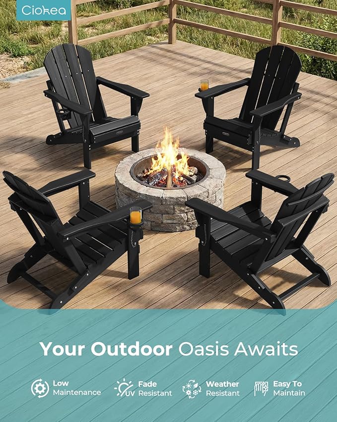 Ciokea Folding Adirondack Chair Wood Texture for Patio, Weather Resistant, Plastic Fire Pit Chair with Cup Holder - Photo 3