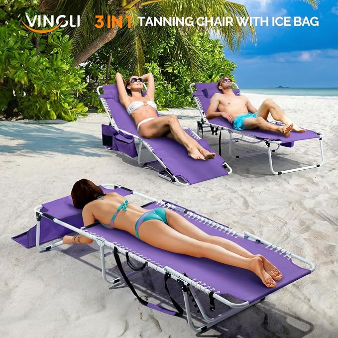 VINGLI Oversized Tanning Chair with Face Hole & Carrying Bag, Beach Lounge Chair Outdoor for Adults, Folding Lounge Chair for Sun Tanning, laying Out Chairs for Tanning Lounger Outside, 475lbs, Purple