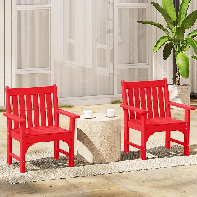 Costaelm Outdoor Dining Arm Chair, Patio HDPE Garden Dining Table Chair, Poly Lumber Waterproof Restaurant Bistro Farmhouse Chairs for Outside Porch Backyard, Red