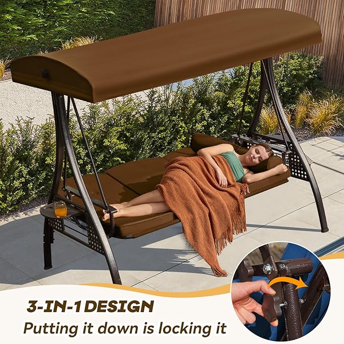3 in 1 Outdoor Porch Swing with Adjustable Canopy, 3 Seat Outdoor Swing for Adults - Photo 3