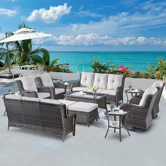 Belord 13 Piece Wicker Patio Furniture Set, Outdoor Swivel Rocker Chairs Set of 4 with Ottomans and Rattan Couch, All Weather Patio Conversation Furniture Set, for Pool,Yard Brown Wicker/Beige