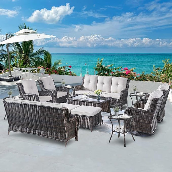 Belord 13 Piece Wicker Patio Furniture Set, Outdoor Swivel Rocker Chairs Set of 4 with Ottomans and Rattan Couch - Photo 1