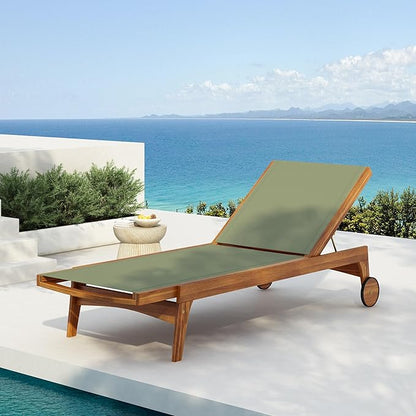 Christopher Knight Home Tristy Chaise Lounge Chair Outdoor, Acacia Wood Frame Sunbathing Pool Lounger, Adjustable Backrest Single Lounge Sofa, Patio Lounge Chaise for Poolside, Green + Natural