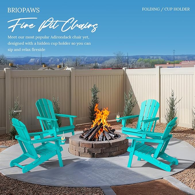 BRIOPAWS Folding-Adirondack-Chairs Set of 2 | HDPE Plastic | Fire Pit Chair | Cup Holder | Curved Back | All Weather| for Outdoor Backyard Deck Patio | Aqua