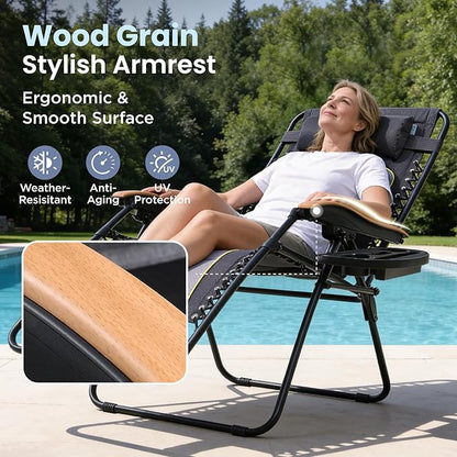 PHI VILLA XXL Oversized Padded Zero Gravity Chair, Foldable Patio Recliner, 30" Wide Seat Anti Gravity Lounger with Cup Holder, Support 400 LBS (Gray Accent)