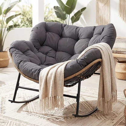 NICESOUL Outdoor Papasan Rocking Chair with Cushion, All-Weather Patio Egg Rocker, Oversized Rattan Glider for Reading & Relaxing, Large Comfy Recliner Lounge Chairs for Balcony Garden Backyard, Grey