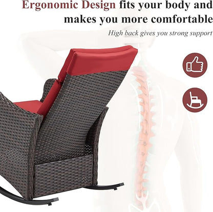 HOMREST Outdoor Recliner for Patio, Wicker Rocking Chair with Extended Footrest & Removable Cushion, Porch Balcony Lounges for Garden, Burgundy