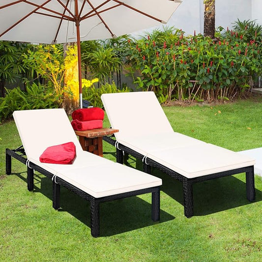 Tangkula Patio Wicker Lounge Chair, Outdoor Rattan Adjustable Reclining Backrest Lounger Chairs, Modern Outside Rattan Chaise with Seating and Back Cushion