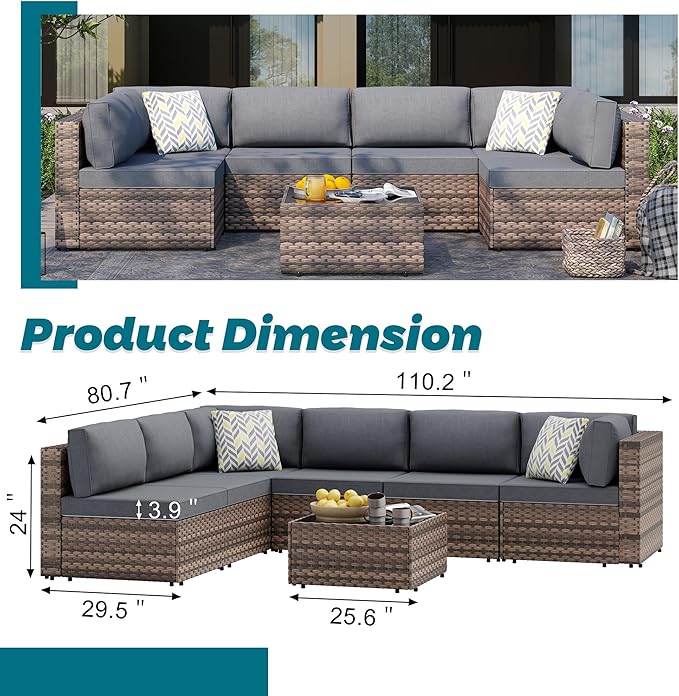 SUNLEI 7 Piece Patio Furniture Sets, Low Back All-Weather Rattan Sectional Sofa with Tea Table&Washable Couch Cushions - Photo 2