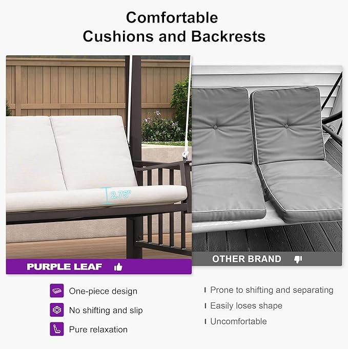 PURPLE LEAF 3-Seat Porch Swing Outdoor Metal Pergola Swing Bed Hanging Cloud Swing Chair with Stand for Backyard Garden - Photo 7