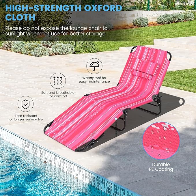 GYMAX Tanning Chair, 330lbs Beach Lounge Chair with Face Hole, Washable Pillow & Carry Strap, Adjustable Folding Chaise Lounge, Layout Lounger for Outside, Patio, Poolside, Lawn (1, Pink Stripe)