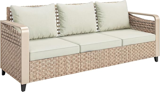 Outsunny Outdoor Patio Couch with Wide and Deep Seat, 3 Seater Wicker Outdoor Sofa with Wide Metal Armrests, Patio Furniture Couch with Cushions for Porch, Garden, Backyard, Beige | Removable Covers