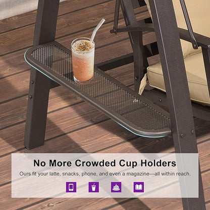 PURPLE LEAF 3-Seat Porch Swing with Adjustable PVC Canopy Metal Patio Bench Glider Swing Bed Outdoor Swing Chair with Stand and Side Cup Holder for Outside Garden Porch, Cushion and Pillows Included