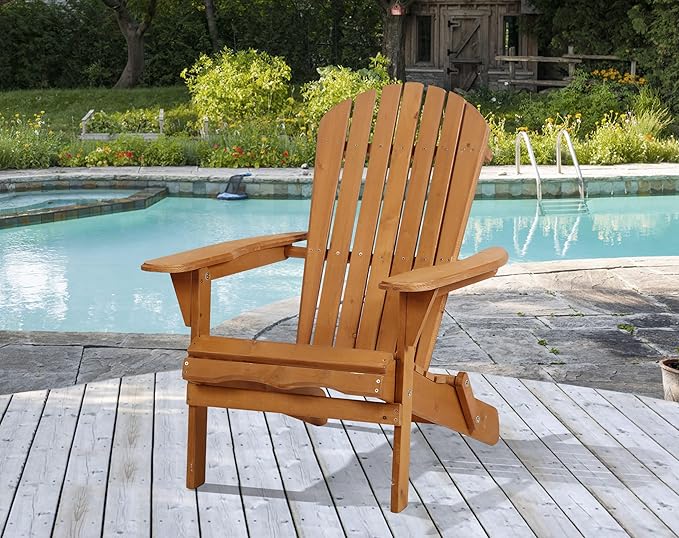 Folding Adirondack Chairs Set, Solid Wood Adirondack Chair Lawn Chairs with Wide Armrest, All-Weather Outdoor Chairs Set Fire Pit Chairs Garden Chair, 250 Lbs, Easy to Install, Natural