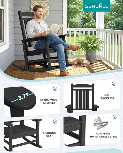 SERWALL HDPE Outdoor Rocking Chair Set of 4, Patio Rocking Chairs, All-Weather Porch Rockers for Adults, Black