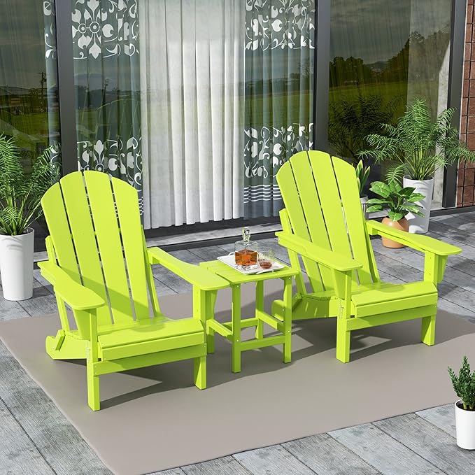 WestinTrends Malibu 3-Pieces Adirondack Chairs Set with Side Table, All Weather Outdoor Seating Plastic Patio Lawn Chair Folding for Outside Porch Deck Backyard, Lime