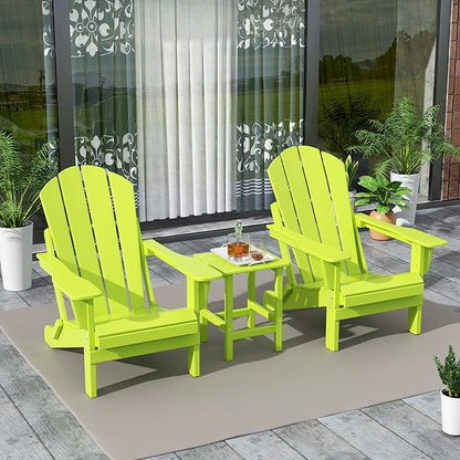 WestinTrends Malibu 3-Pieces Adirondack Chairs Set with Side Table, All Weather Outdoor Seating Plastic Patio Lawn Chair Folding for Outside Porch Deck Backyard, Lime