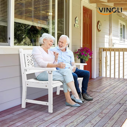 VINGLI 47" Outdoor Wood Bench, All Weather Outdoor Wooden Patio Garden Bench, Outside Loveseat 660lbs Capacity for Front Porch Park Entryway (White)