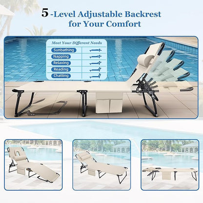 3-in-1 Sun Tanning Chair with Face Holes, Folding Chaise Lounge Chairs, 5-Position Adjustable Lounge Chair Outdoor with 2 Side Pocket & Pillow, for Pool Beach, Patio, Camping, Beige