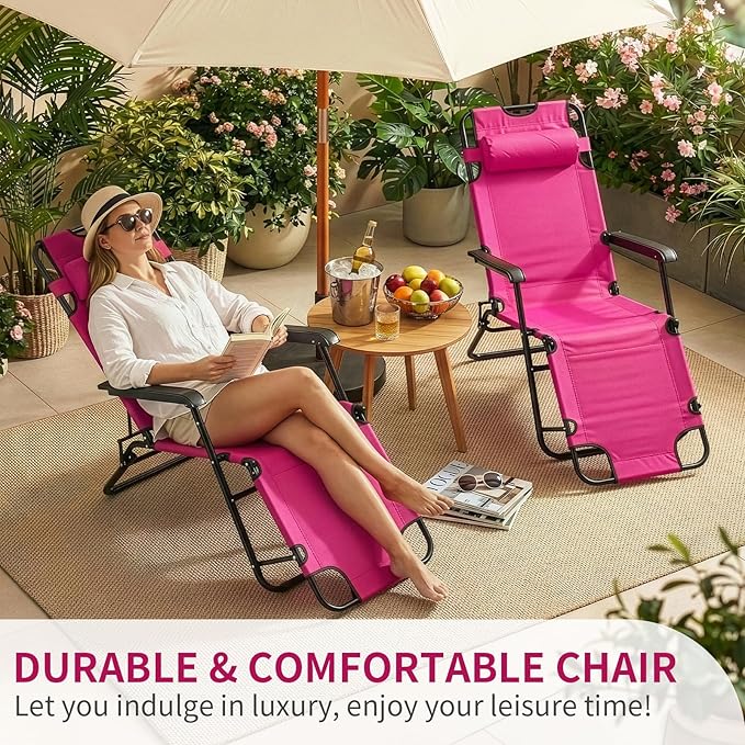 Outvita Folding Chaise Lounge Chair, Outdoor Adjustable Recliner Chair with Pillow for Camping, Beach, Poolside, Garden - Photo 2