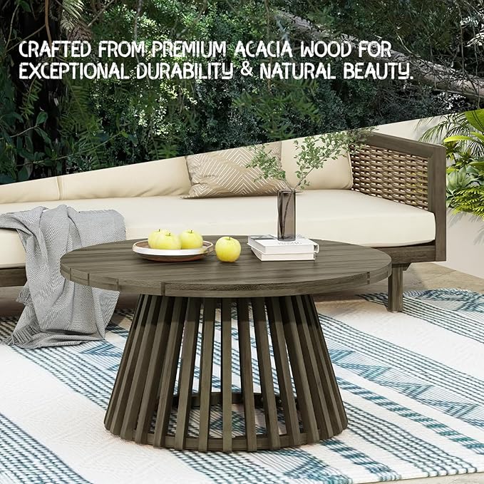 Acacia Wood Patio Coffee Table, Patio Outdoor Acacia Wood Round Coffee Table for Backyard, Lawn, Balcony, Teak Finish, Grey