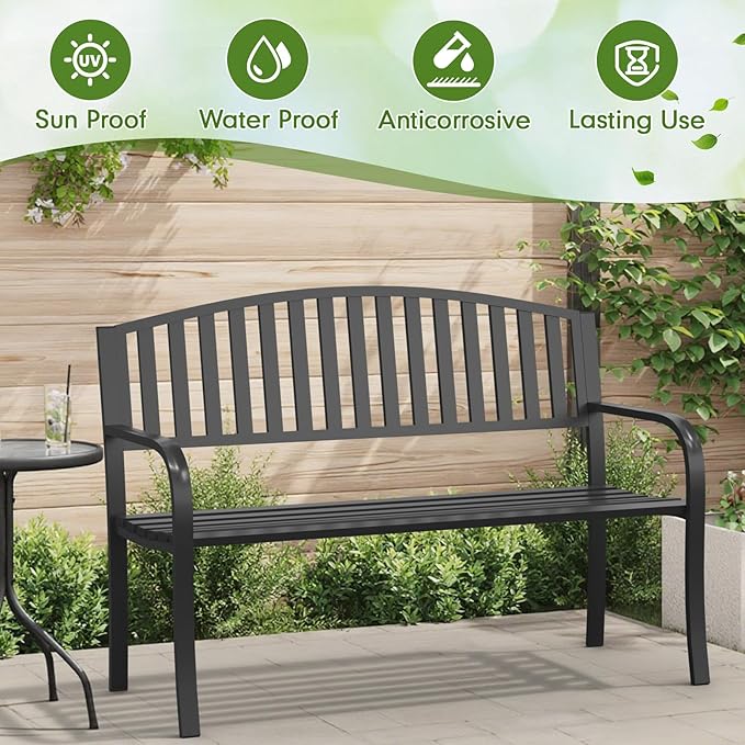 50" Outdoor Garden Bench, Iron Metal Frame Patio Bench with Backrest Armrests, Weatherproof Anti-Rust Outdoor Bench for Front Porch, Park, Yard, Patio (402-32BK)