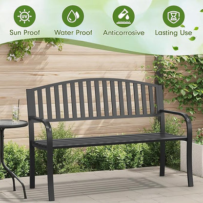 50" Outdoor Garden Bench, Iron Metal Frame Patio Bench with Backrest Armrests, Weatherproof Anti-Rust Outdoor Bench for Front Porch, Park, Yard, Patio (402-32BK)