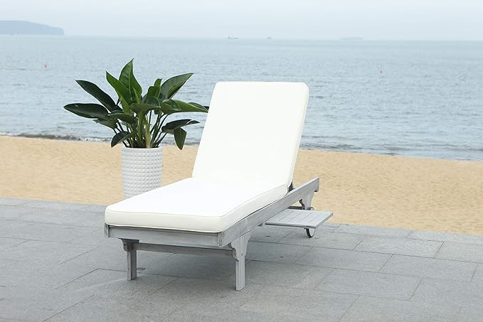 SAFAVIEH Outdoor Collection Newport Grey / Beige Cushion Built-in Side Table Adjustable Chaise Lounge Chair - Photo 9