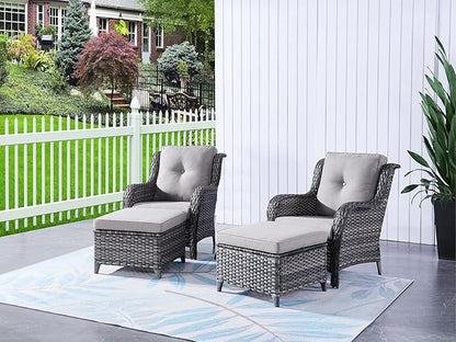 HUMMUH 4 Pieces Patio Bistro Set Wicker Patio Chairs Set of 2 with Ottomans Rattan Outdoor Furniture Conversation Set for Yard,Garden,Porch…