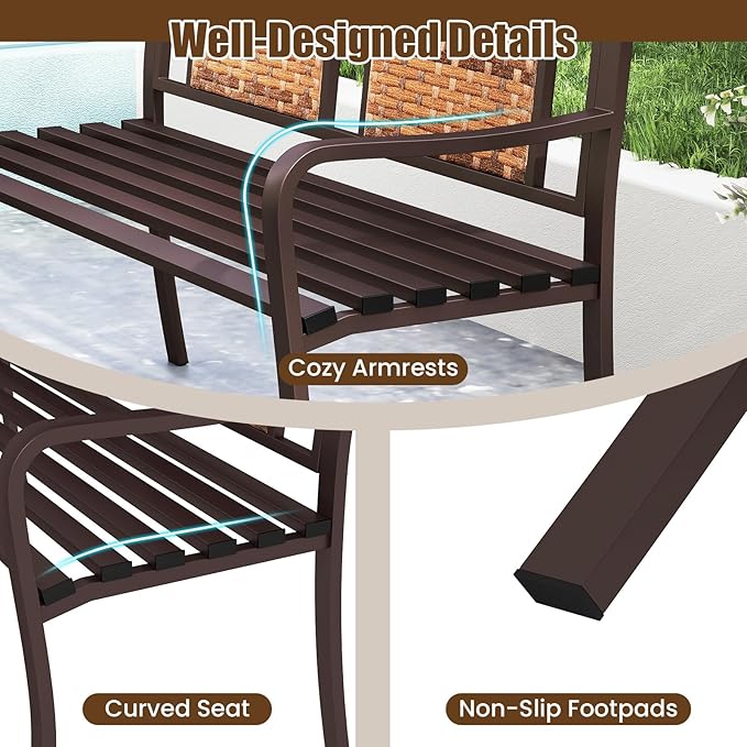 Tangkula 51” Metal Outdoor Park Bench, Patio Garden Bench with Rattan Backrest & Curved Armrests, Heavy-Duty Outside Loveseat for 2-3, Heavy-Duty Outdoor Seating for Backyard, Lawn, Porch